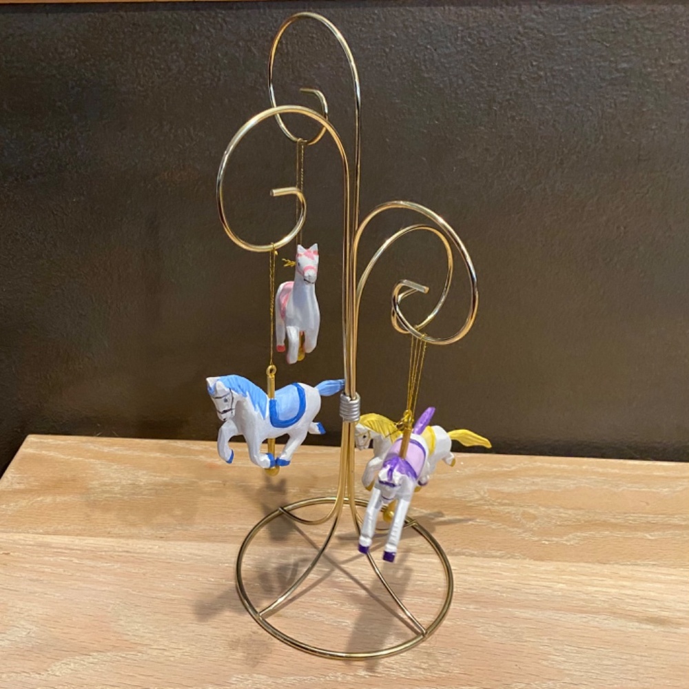 4 Carousel Horse Ornaments, Wood & Hand Painted, 13" Wire Stand, Nursery or Tree - Picture 16 of 16